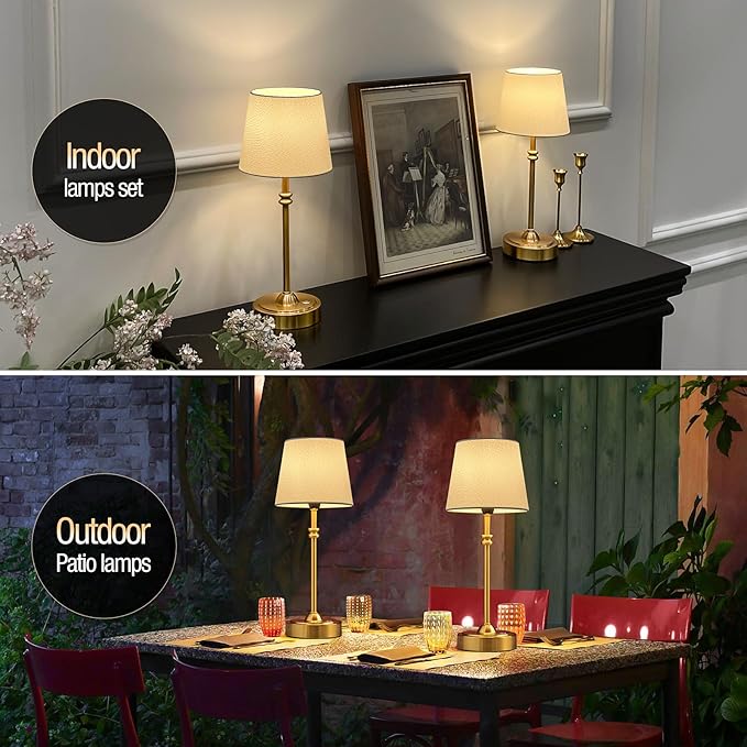 ONEWISH Cordless Lamp-Battery Operated Table lamp, 4000mAh Rechargeable, Stepless Dimmable, Small Touch Bedside Lamp with Fabric Shade, for Dining, Patio, Bathroom(Gold)