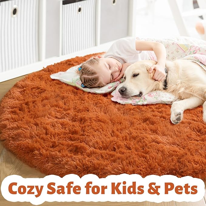 Amdrebio Burnt Orange Round Circle Rug 6Ft for Bedroom Living Room, Fluffy Shaggy Furry Fuzzy Area Rugs for Kids Room Decor Aesthetic, Large Plush Shag Dark Orange Carpet for Nursery Dorm Classroom