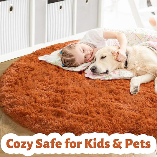 Amdrebio Burnt Orange Small Round Circle Rug 3Ft for Bedroom Living Room Aesthetic, Fluffy Fuzzy Furry Shaggy Area Rugs for Kids Room Decor, Plush Shag Dark Orange Carpet for Nursery Dorm Classroom