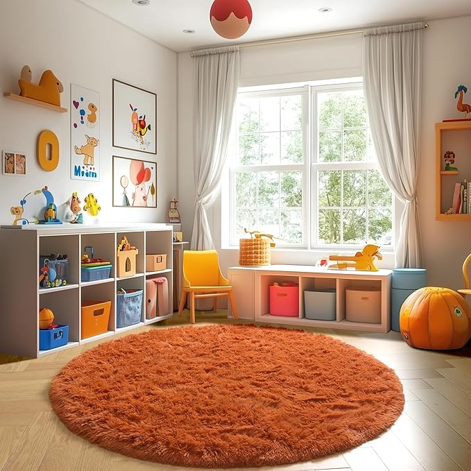 Amdrebio Burnt Orange Round Circle Rug 5Ft for Bedroom Living Room, Fluffy Fuzzy Shaggy Furry Area Rugs for Kids Room Decor Aesthetic, Cute Plush Shag Dark Orange Carpet for Nursery Dorm Classroom