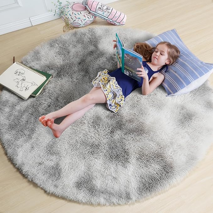 Amdrebio Tie-Dye Light Grey Round Circle Area Rugs 5Ft for Living Room Bedroom, Soft Fluffy Fuzzy Shag Rug for Kids Room Home Office, Furry Plush Indoor Floor Shaggy Gray Carpet for Baby Nursery Dorm