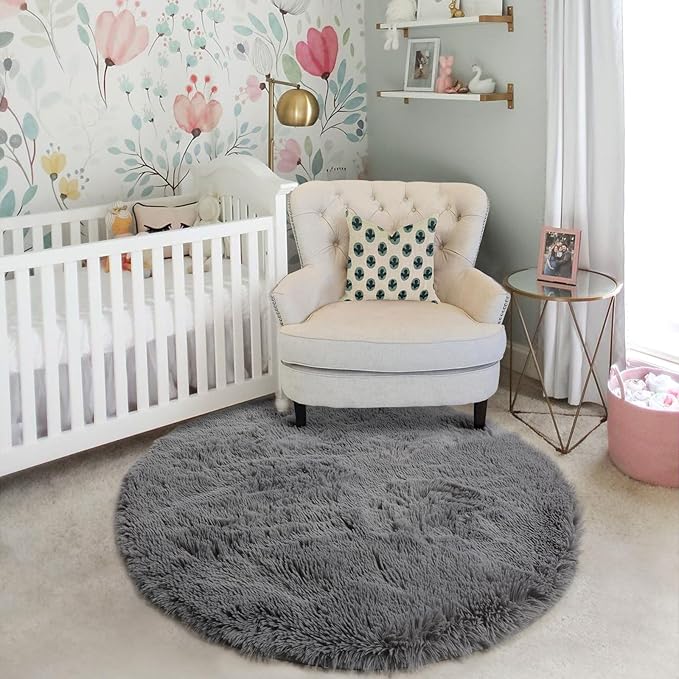 Grey Round Rugs 5Ft for Living Room Bedroom Aesthetic, Fluffy Fuzzy Shag Shaggy Circle Area Rug for Kids Room Decor, Furry Soft Plush Indoor Floor Gray Carpet for Baby Nursery Preppy Dorm Home Office