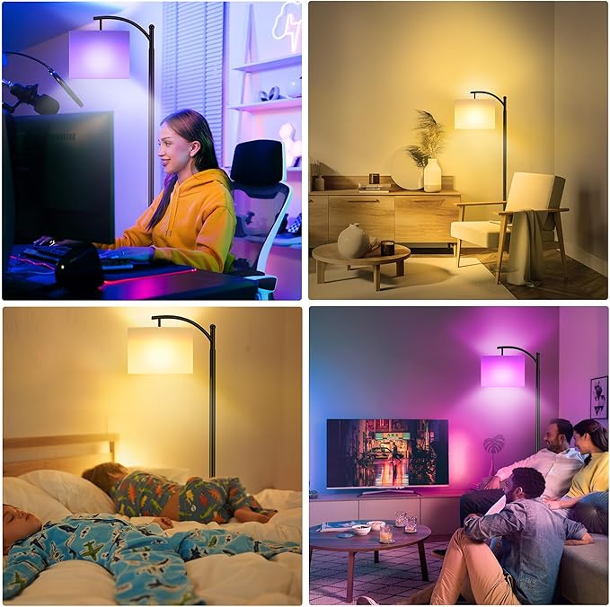 Floor Lamps with Matter Smart Light Bulb, RGB + Color Temperatures Bright Dimmable Smart Floor lamp, Living Room Standing Tall Industrial Floor Lamp (Beige Lampshade Included) -Black