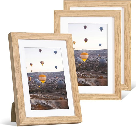 Marsmiles 5x7 Wooden Picture Frame, USA-Sourced Natural Oak Solid Wood Photo Frame with Plexiglass for Display Pictures 4x6 with Mat or 5x7 without Mat, Natural, 3 Pack