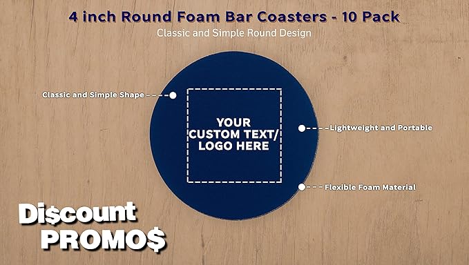 10 Round Foam Bud Coasters Pack, 4 inch - Customizable Text, Logo - PU Foam, Party Favor - Navy Blue