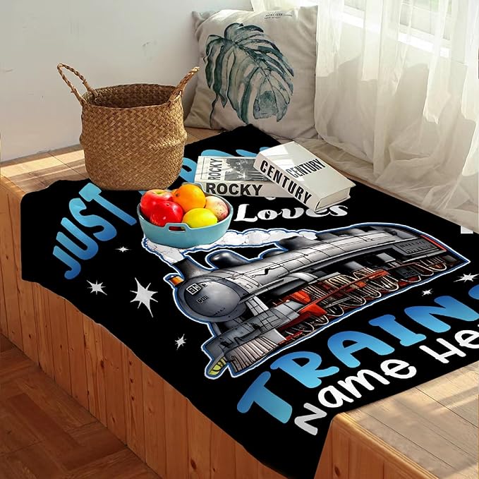 Boy Who Loves Trains Blanket Custom Train Blankets for Boys Men Flannel Cozy Quilt Gift for Train Lovers for Beding Sofa Couch-60x50 Inches