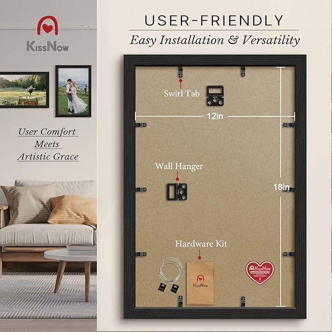 12x18 Poster Frame 2 Pack, Textured Black Solid Wood Picture Frame, Wall Hanging