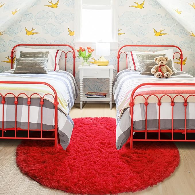 Red Round Circle Rug 6Ft for Bedroom, Large Fluffy Shag Area Rugs for Kids Room Decor Aesthetic, Fuzzy Plush Fur Carpets for Living Room Nursery Classroom, Red Carpet, Furry Indoor Rugs for Teen Boys