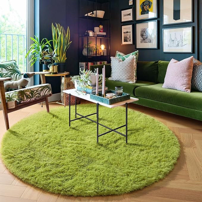Amdrebio Grass Green Round Area Rug 7Ft for Living Room Bedroom Decor Aesthetic, Large Fluffy Shaggy Fuzzy Circle Rugs for Baby Nursery Kids Playroom, Big Soft Shag Floor Circular Modern Cool Carpet