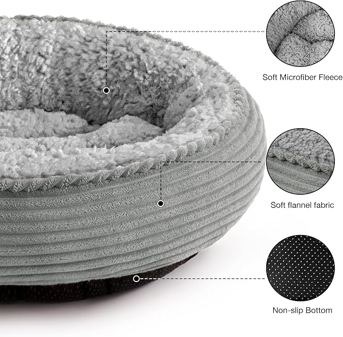 Love's cabin Round Donut Cat and Dog Cushion Bed, 20in Pet Bed for Cats or Small Dogs, Anti-Slip & Water-Resistant Bottom, Super Soft Durable Fabric Pet beds, Washable Luxury Bed Solid Grey Stripe