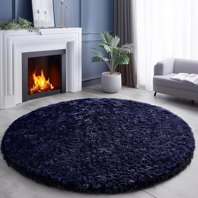 Dark Navy Round Rug 6Ft for Living Room Boys Bedroom, Fluffy Furry Fuzzy Plush Circle Area Rugs for Kids Room Decor Aesthetic, Indigo Shag Cool Dark Blue Carpet for Classroom Teen Dorm Baby Nursery