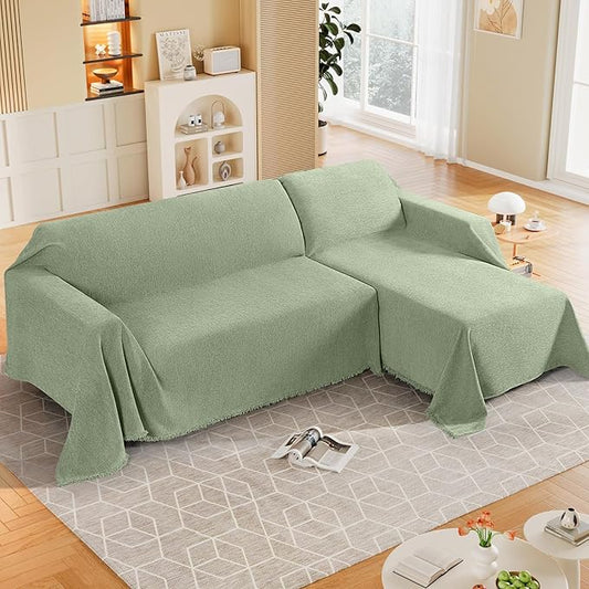 KinCam Couch Covers for 3-4 Cushion Couch Sofa Cover Washable Sectional Couch Cover for Dogs Tassel Sofa Blanket Cover Pet Friendly Soft and Durable for Most Furniture(71" x 150", Light Green)
