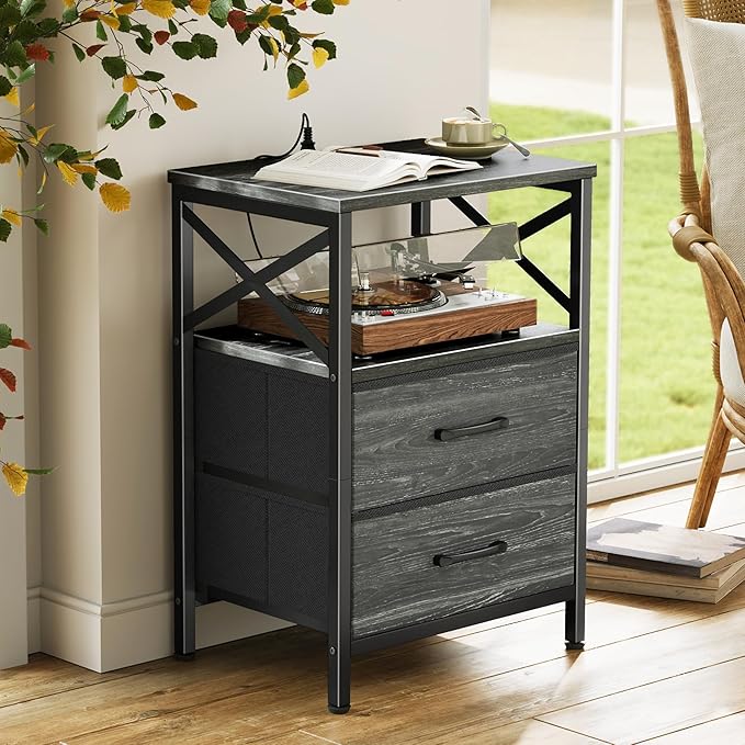 Huuger Nightstands Set of 2, Night Stand with Charger Station, 2 Drawer Side Table with Open Shelf, USB-C Port, End Table for Small Spaces, X Shaped Side Rail, Charcoal Black