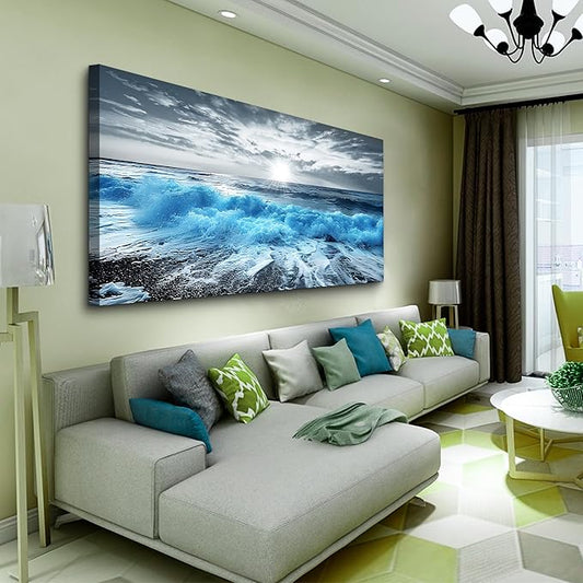 Lapremoly Large Canvas Wall Decor For Office Framed Wall Art For Living Room Blue Beach Painting Ocean Sea Waves Wall Pictures Bedroom Home Decorations Prints Posters Mural Artwork Ready to hang