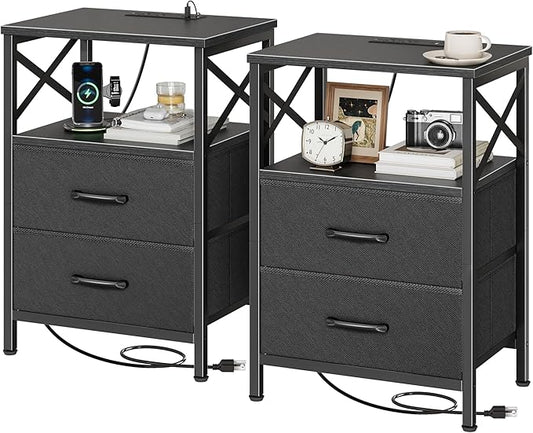 Huuger Nightstands Set of 2, Night Stand with Charger Station, 2 Drawer Side Table with Open Shelf, USB-C Port, End Table for Small Spaces, X Shaped Side Rail, Black