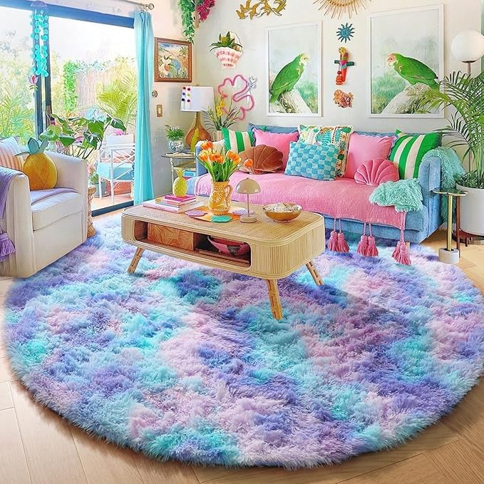 Amdrebio Purple Rainbow Round Area Rug 7Ft for Girls Bedroom Living Room Decor, Mermaid Stitch Frozen Kids Rugs for Playroom Nursery Classroom, Fluffy Fuzzy Cute Plush Carpet, Large Big Circle Rug