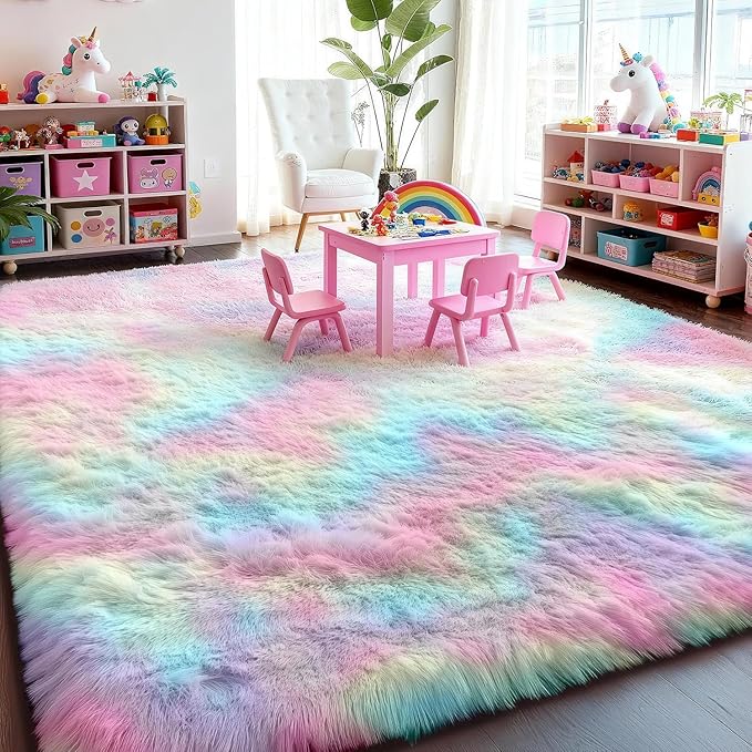 PAGISOFE 4x6 Rainbow Fluffy Soft Plush Area Rugs for Girls Bedroom, Shaggy Rugs for Kids Playroom,Kawaii Princess Fuzzy Rugs for Nursery Baby Toddler,Cute Colorful Room Decor for Teenage