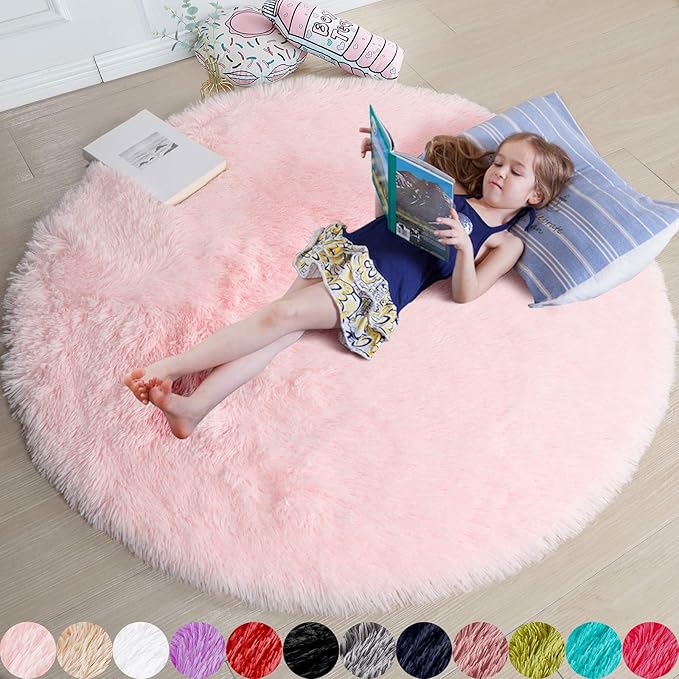 Pink Fluffy Round Rug 5Ft for Girls Bedroom Decor Aesthetic, Shaggy Circle Area Rugs for Kids Room Living Room, Cute Fuzzy Carpet for Nursery, Dorm, Classroom, Teen, Princess, Comfy Baby Playroom Rug