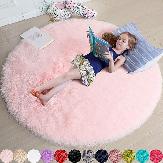 Pink Fluffy Round Rug 5Ft for Girls Bedroom Decor Aesthetic, Shaggy Circle Area Rugs for Kids Room Living Room, Cute Fuzzy Carpet for Nursery, Dorm, Classroom, Teen, Princess, Comfy Baby Playroom Rug