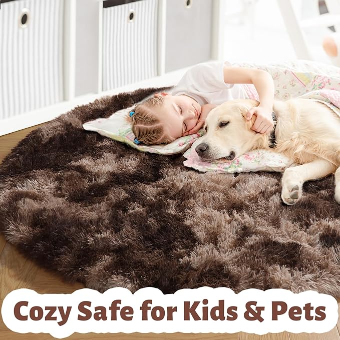 Amdrebio Tie-Dyed Brown Round Circle Rugs 4Ft for Bedroom, Fluffy Shag Plush Area Rugs for Kids Room, Living Room Decor Aesthetic, Fuzzy Fur Throw Floor Carpet for Playroom Preppy Dorm Baby Nursery