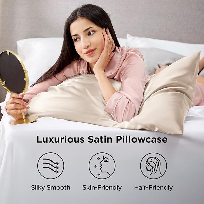 Bedsure Satin Pillowcases Standard Set of 4 - Beige Silk Pillow Cases for Hair and Skin 20x26 inches, Satin Pillow Covers 4 Pack with Envelope Closure, Gifts for Women Men