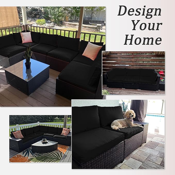 14 Pcs Outdoor Patio Cushion Covers, Replaceable Waterproof Furniture Covers, Outdoor Non-Slip Covers with Zippers, Couch 3 Sizes, Covers Only (Black)