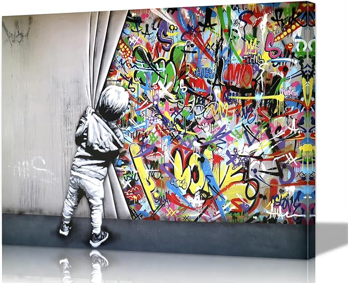 Banksy Canvas Wall Art Graffiti Wall Art Behind The Curtain Picture - 28x40 Inches Built-in Wooden Frame, Lightweight & Ready to Hang, Urban Street Art for Office, Bedroom, Living Room Decor