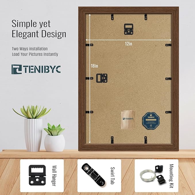 12x18 Frame Set of 4 - Brown Grain, Natural Wood & HD Tempered Glass, 12x18 Poster Frame, Vertical & Horizontal Wall Hanging