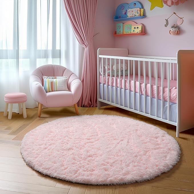 Pink Fluffy Round Rug 5Ft for Girls Bedroom Decor Aesthetic, Shaggy Circle Area Rugs for Kids Room Living Room, Cute Fuzzy Carpet for Nursery, Dorm, Classroom, Teen, Princess, Comfy Baby Playroom Rug