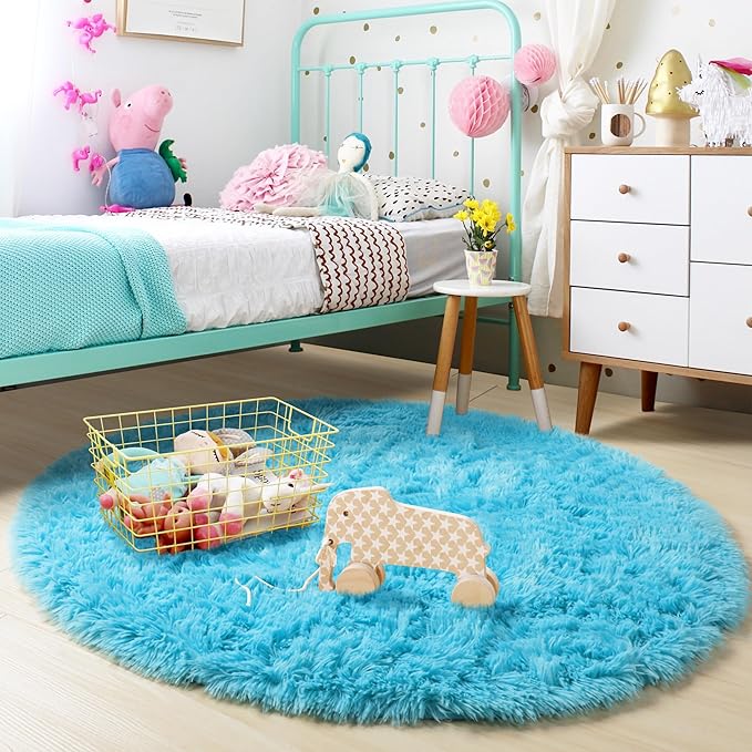 Blue Round Circle Rugs 6Ft for Kids Bedroom, Large Soft Washable Fluffy Area Rug for Teen Girls Boys, Play Room Decor Aesthetic, Plush Shaggy Fuzzy Baby Carpet for Living Room Nursery Classroom Dorm