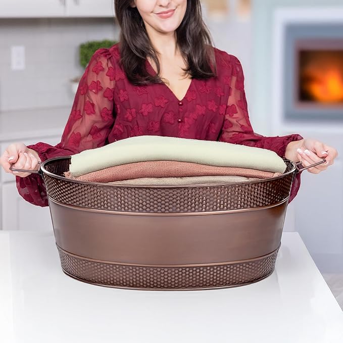 BREKX Copper Galvanized Tub for Indoor Firewood Storage Rack Log Holder - 25QT Heavy-Duty Portable Tub with Handles -Multi-Use for Planters, Blankets for Living Room, Etc