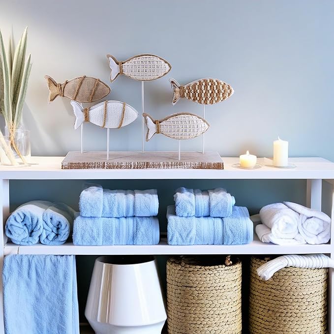 Wooden Fish Figurines with Jute Rope and Cotton String, Fish Sculpture Statues for Home Decoration, Table Top Nautical Decor for Living Room, Bedroom, Beachhouse Home Decor (JuteFish-5)