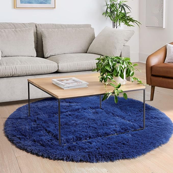 Navy Blue Small Round Rug 3Ft for Boys Room Bedroom, Washable Circle Area Rugs for Kids Room, Living Room Decor Aesthetic, Fluffy Shag Fur Throw Royal Dark Blue Carpet for Dorm Playroom Baby Nursery