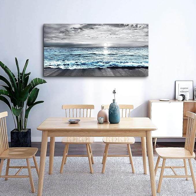 Lapremoly Large Canvas Wall Art - Black And White Beach Wall Painting Blue Ocean Sea Wave Landscape Artwork Posters For Living Room, Bedroom, Office Decor