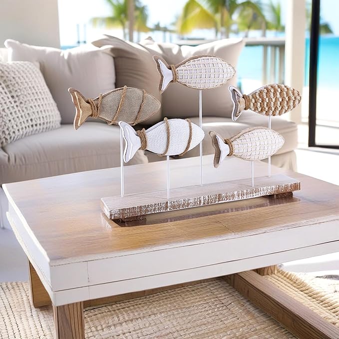 Wooden Fish Figurines with Jute Rope and Cotton String, Fish Sculpture Statues for Home Decoration, Table Top Nautical Decor for Living Room, Bedroom, Beachhouse Home Decor (JuteFish-5)