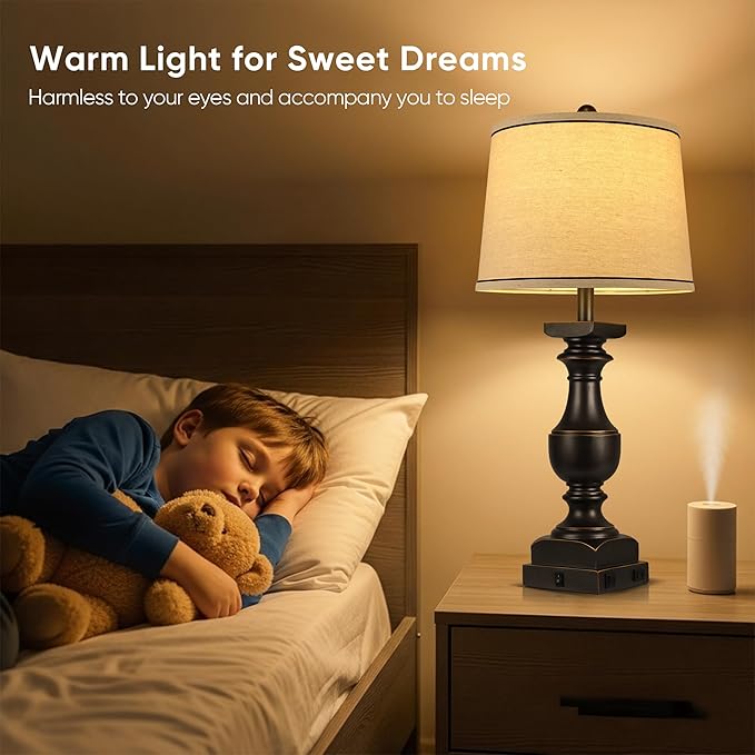 28'' Farmhouse Bedside Lamps Set of 2, Black Gold Table Lamps for Nightstand, Desk Lamps with Linen Shades, Table Lamps with USB A+C Port, Nightstand Lamps for Bedroom, Rocker Switch, Bulb Included