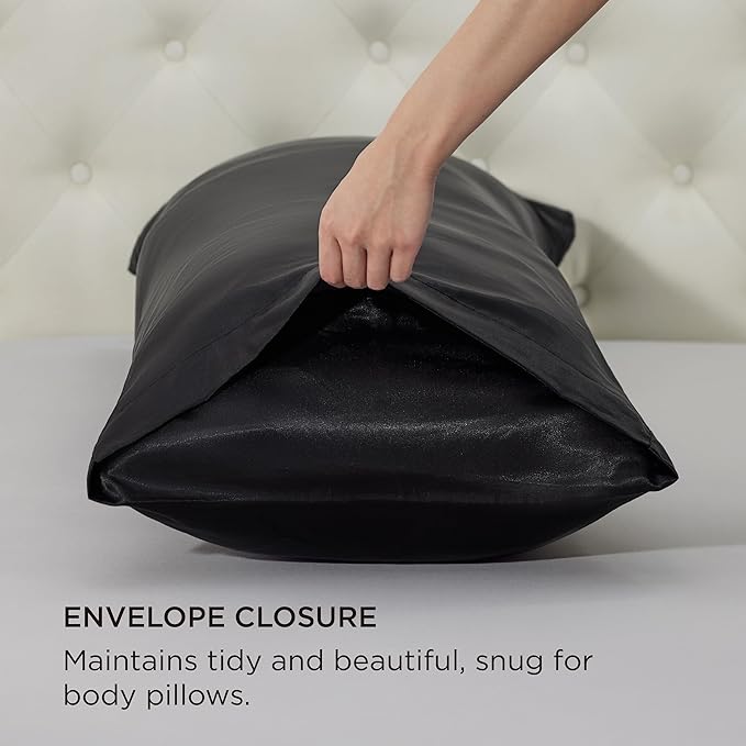 Bedsure Body Pillow Pillowcase - Cooling and Silky Long Body Pillow Covers with Envelope Closure, Satin Similar to Silk Pillowcase for Hair and Skin,Black,20x54 Inches