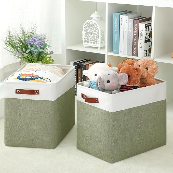 DULLEMELO Extra Large Storage Baskets, 17"x12"x15" Fabric Storage Bins for Organizing Shelves Nursery Toys Books, Collapsible Storage Baskets Rectangular Canvas Bins with Handles, White&Green, 2-Pack