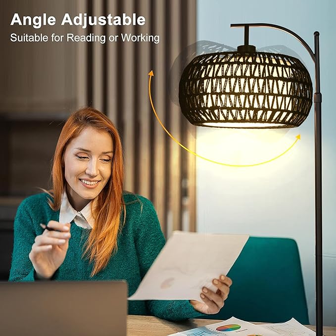 Arc Floor Lamp with 3 Color Temperatures,Black Floor Lamp with Remote Control, Boho Standing Lamp with Rattan Wicker Shades, Farmhouse Tall Pole Lamp for Living Room Bedroom