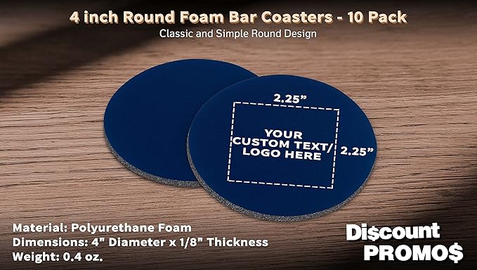 10 Round Foam Bud Coasters Pack, 4 inch - Customizable Text, Logo - PU Foam, Party Favor - Navy Blue