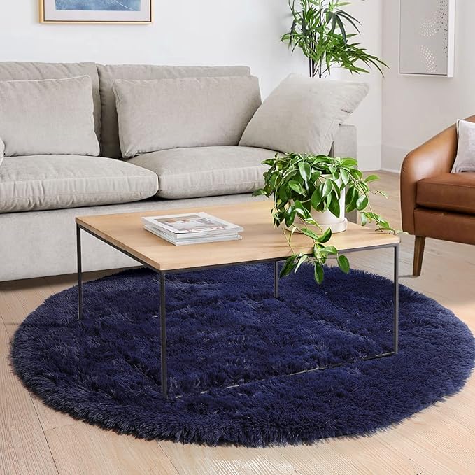 Dark Navy Round Rugs 5Ft for Teen Boys Bedroom, Washable Fluffy Shag Fuzzy Plush Circle Area Rug for Kids Room, Living Room Decor Aesthetic, Indigo Furry Cool Dark Blue Carpet for Dorm Baby Nursery