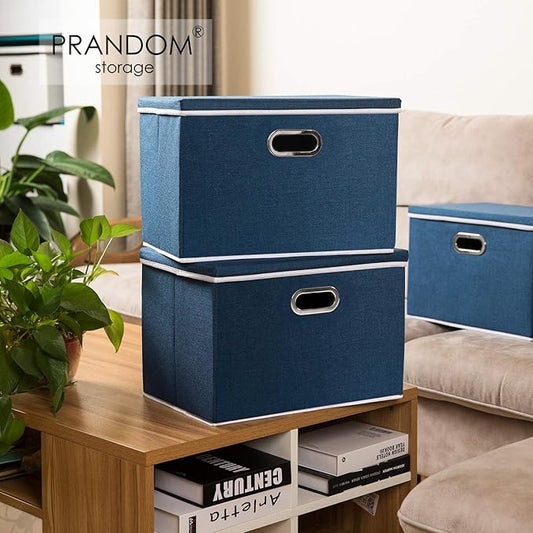 PRANDOM Large Collapsible Storage Bins with Lids [3-Pack] Fabric Foldable Storage Boxes Organizer Containers Baskets Cube with Cover for Home Bedroom Closet Office Royal Blue(17.7x11.8x11.8)