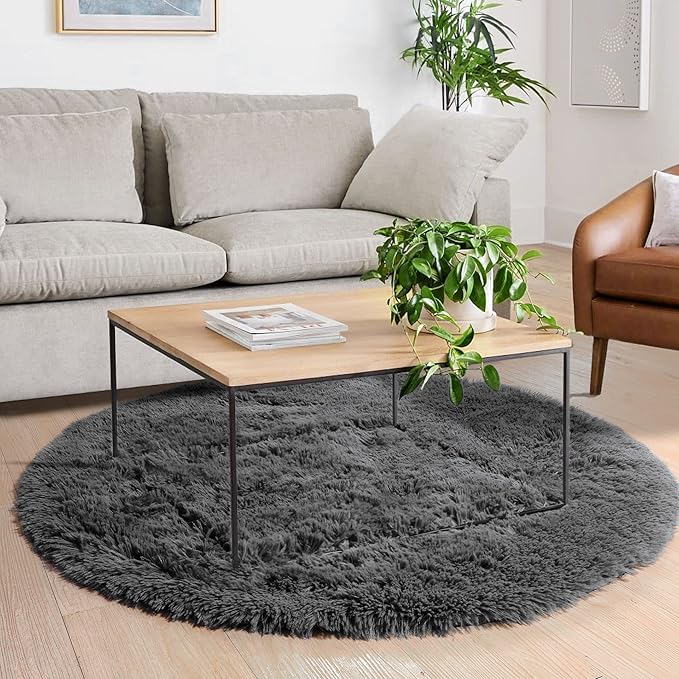 Grey Round Rugs 5Ft for Living Room Bedroom Aesthetic, Fluffy Fuzzy Shag Shaggy Circle Area Rug for Kids Room Decor, Furry Soft Plush Indoor Floor Gray Carpet for Baby Nursery Preppy Dorm Home Office