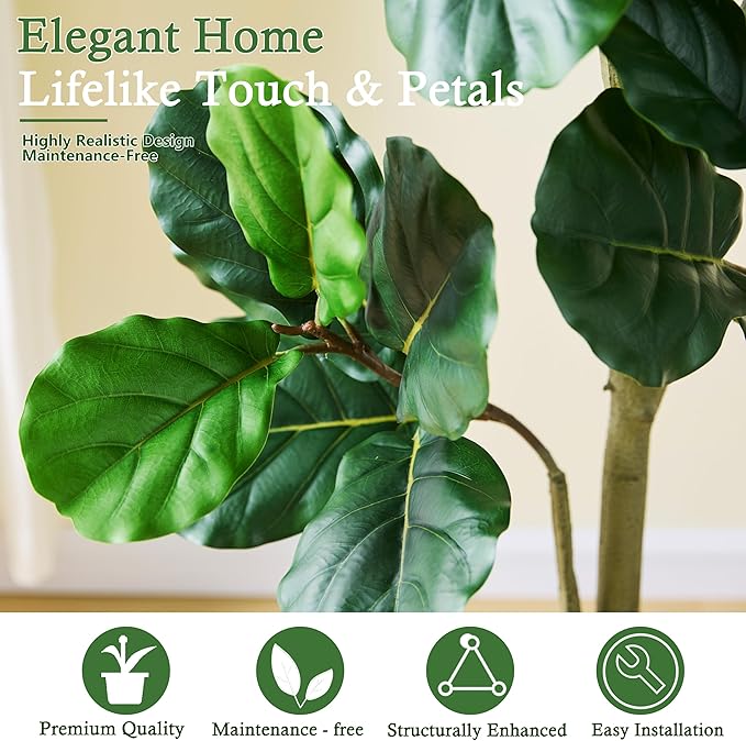 Artificial Fiddle Leaf Fig Tree：6FT Tall Faux Ficus Lyrata Plant Fake Fig Trees Realistic Green Silk Large Leaves with Natural Trunks & Pebbles in Black Planter for Indoor Outdoor Office Home.