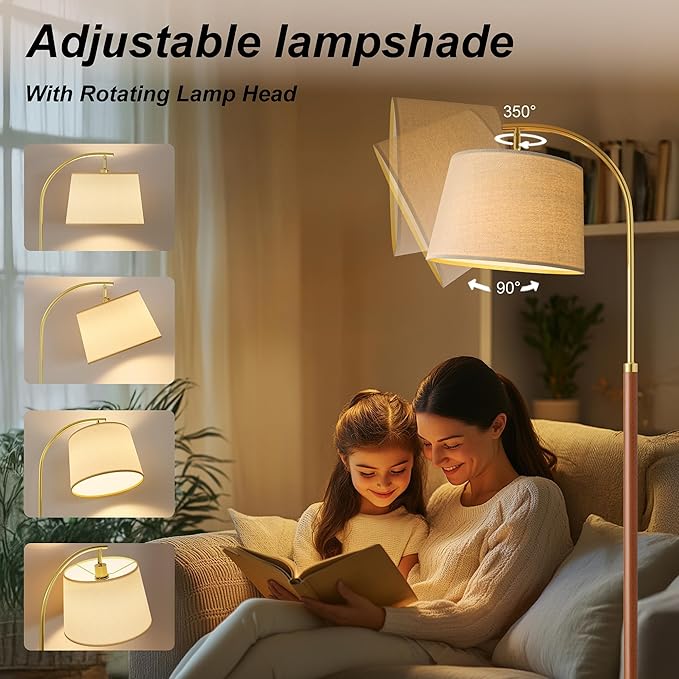 62.5" Gold Floor Lamp for Living Room Dimmable Standing Lamp with Remote & Foot Switch, 3 Color Temperatures Arc Tall Lamp Wood Mid Century Modern Floor Lamps for Bedroom Office, 9W Bulb Included