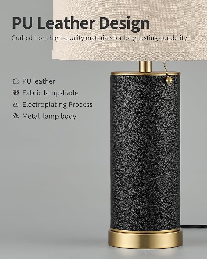 KDG 23.4" Black PU Leather Table Lamps for Living Room Set of 2, 3 Level Brightness LED Modern Home Decor Fabric Lampshade Desk Lamp Lighitng for Bedroom, Bedside, Farmhouse, Nightstand, Night Light