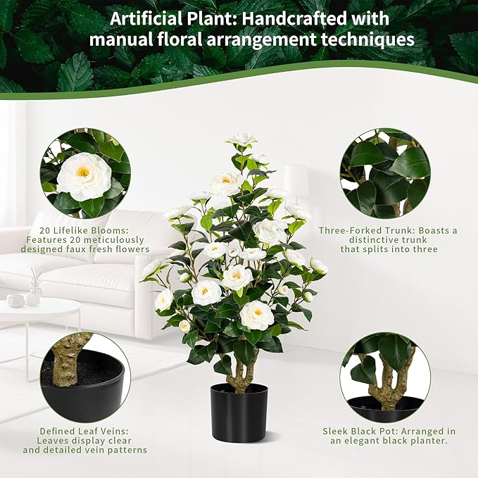 [2-Pack] 37’’ Artificial Camellia Tree with White Flowers, Faux Potted Plant for Indoor & Outdoor Decor, Lifelike Greenery for Home, Office, Porch, or Patio (White)