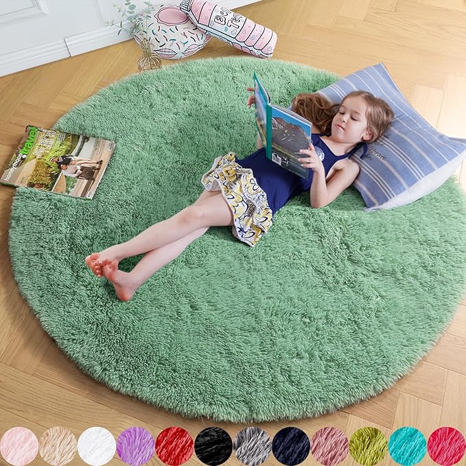 Amdrebio Sage Green Round Rug 6Ft for Living Room Bedroom, Fluffy Furry Circle Rugs for Nursery, Classroom, Baby Kids Room Decor, Cute Shaggy Area Rug for Teen Boys, Fuzzy Plush Light Mint Carpet