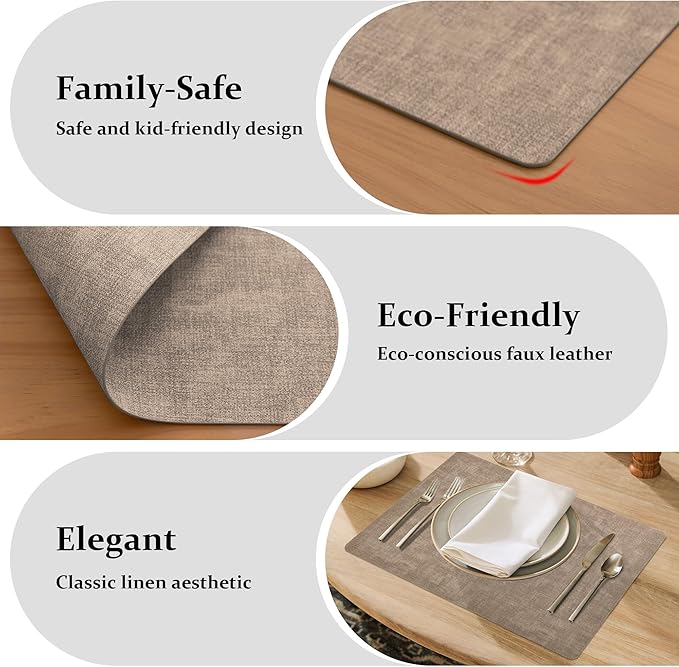 FROMHEART Faux Leather Placemats Set of 12–Waterproof,Heat/Oil Stain-Resistant PU Table Mat–Reversible,Non-Slip,Easy to Clean Place Mats for Kitchen,Dining,Indoor/Outdoor,(Light Coffee,11.8" x 17")