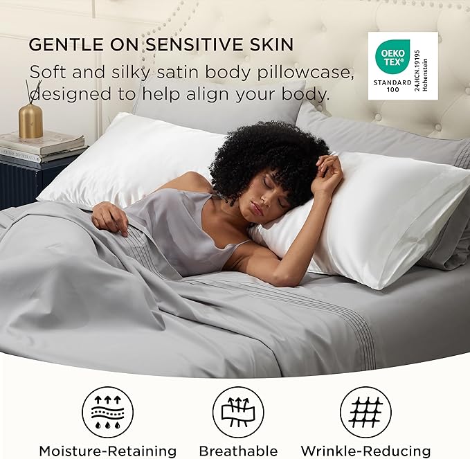 Bedsure Satin Body Pillow Pillowcase - Similar to Silk White Body Pillow Cover Case with Envelope Closure,Cooling and Silky Long Pillowcase for Hair and Skin,20x54 Inches